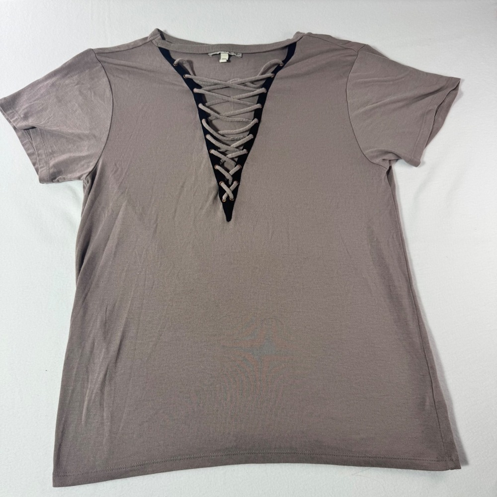 Express One Eleven Lace‎ Up V-Neck T-Shirt Medium Mauve Taupe Short Sleeve Modal